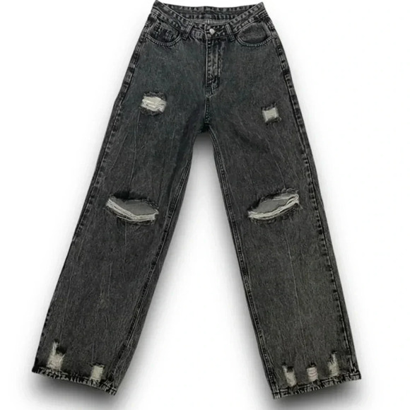 Women’s Wide Leg High Waisted  Jeana Distressed Dark Grey Acid Wash Jeans Sz Med - Picture 1 of 12